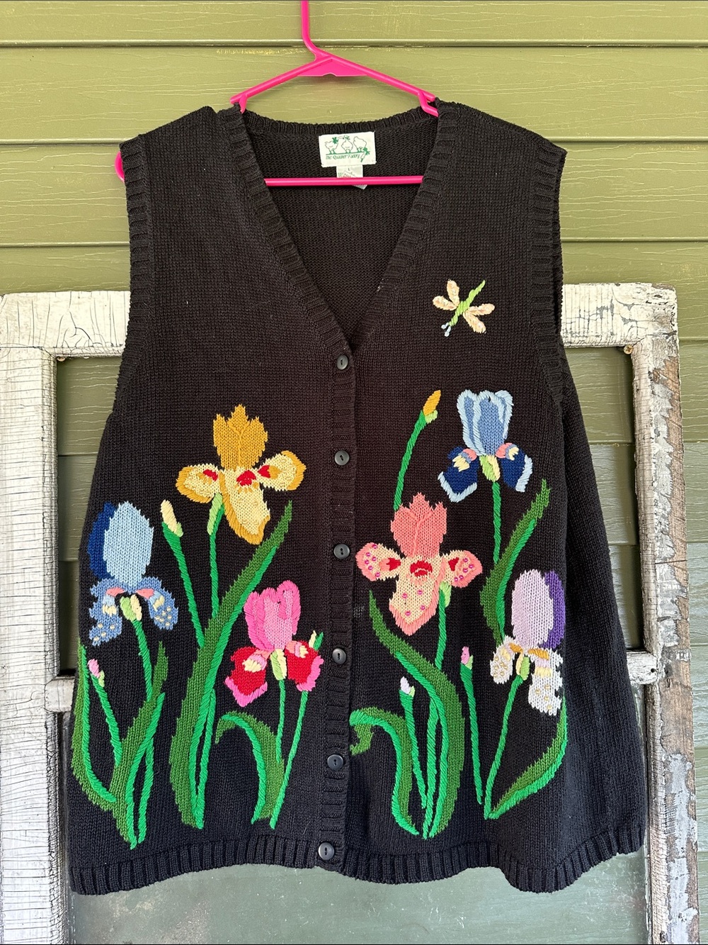 Vintage Quacker Factory Black V-Neck Floral Embroidered Sweater Vest